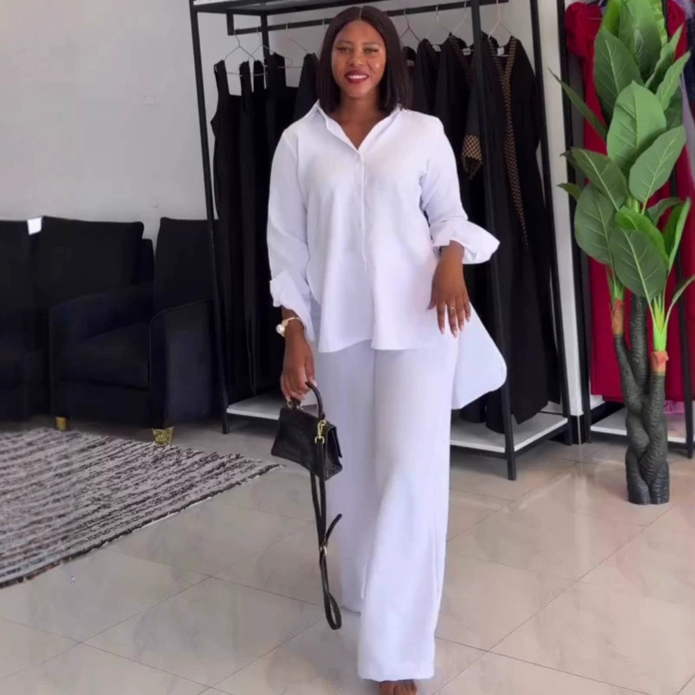 ZARA Chic Solid Color Turndown Collar Back Slit Shirt African Casual Pants Set